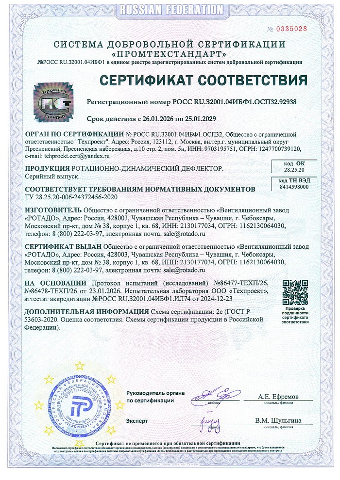 Сертификат соответствия на продукцию - дефлектор РДД