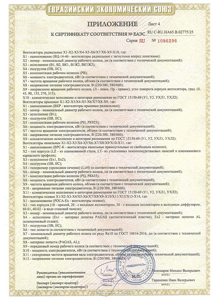 Сертификат соответствия о работе во взрывоопасных средах на взрывозащищенные вентиляторы (ТР ТС 012/2011)