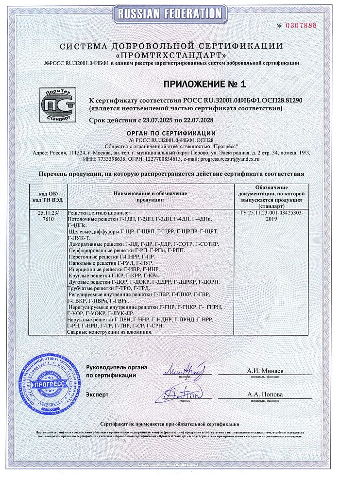 Сертификат соответствия на продукцию - решетка Г-РП